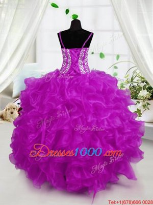 Hot Sale Sleeveless Floor Length Beading and Ruffles Lace Up Pageant Gowns For Girls with Hot Pink