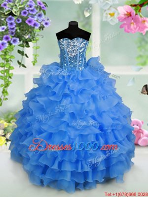 Beautiful Light Blue Organza Lace Up Sweetheart Sleeveless Floor Length Kids Pageant Dress Ruffled Layers and Sequins