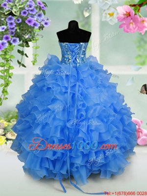 Beautiful Light Blue Organza Lace Up Sweetheart Sleeveless Floor Length Kids Pageant Dress Ruffled Layers and Sequins
