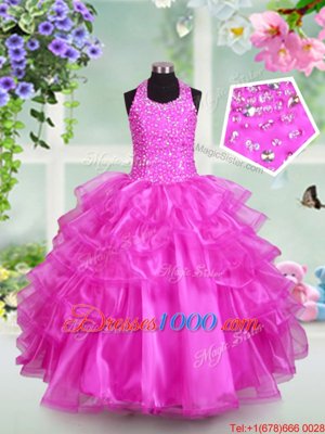 Fancy Halter Top Fuchsia Organza Lace Up Party Dress for Toddlers Sleeveless Floor Length Beading and Ruffled Layers