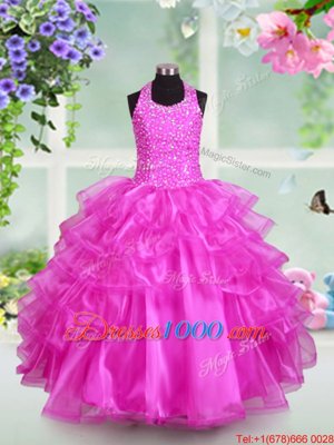 Fancy Halter Top Fuchsia Organza Lace Up Party Dress for Toddlers Sleeveless Floor Length Beading and Ruffled Layers