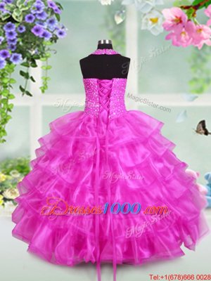 Fancy Halter Top Fuchsia Organza Lace Up Party Dress for Toddlers Sleeveless Floor Length Beading and Ruffled Layers