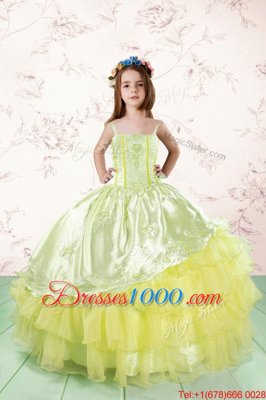 Elegant Floor Length Lace Up Little Girls Pageant Gowns Light Yellow and In for Party with Lace and Ruffled Layers