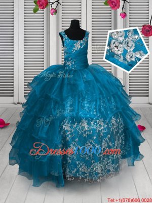 Ruffled Ball Gowns Little Girls Pageant Dress Aqua Blue Straps Organza Sleeveless Floor Length Lace Up