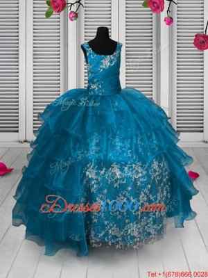 Ruffled Ball Gowns Little Girls Pageant Dress Aqua Blue Straps Organza Sleeveless Floor Length Lace Up