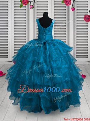 Ruffled Ball Gowns Little Girls Pageant Dress Aqua Blue Straps Organza Sleeveless Floor Length Lace Up