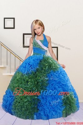 Halter Top Blue and Dark Green Lace Up Little Girls Pageant Dress Wholesale Beading and Ruffles Sleeveless Floor Length