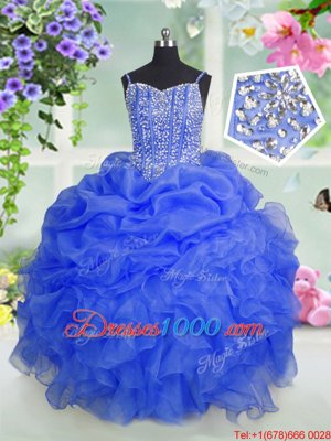 Baby Blue Sleeveless Floor Length Beading and Ruffles and Pick Ups Lace Up Little Girls Pageant Dress Wholesale