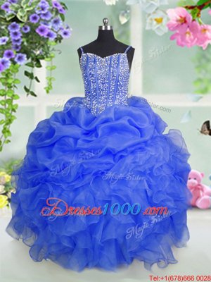 Baby Blue Sleeveless Floor Length Beading and Ruffles and Pick Ups Lace Up Little Girls Pageant Dress Wholesale