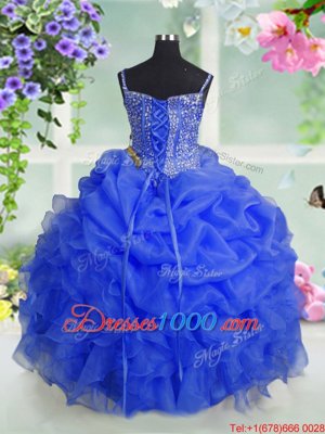 Baby Blue Sleeveless Floor Length Beading and Ruffles and Pick Ups Lace Up Little Girls Pageant Dress Wholesale