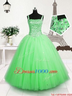 Attractive Sequins Floor Length Apple Green Party Dress for Girls Straps Sleeveless Lace Up