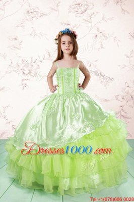 Fashionable Yellow Green Pageant Gowns For Girls Party and Wedding Party and For with Embroidery and Ruffled Layers Spaghetti Straps Sleeveless Lace Up