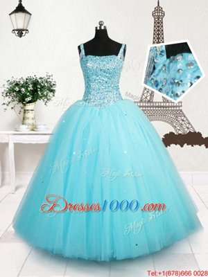 Tulle Straps Sleeveless Lace Up Beading and Sequins Pageant Gowns For Girls in Light Blue