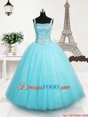Tulle Straps Sleeveless Lace Up Beading and Sequins Pageant Gowns For Girls in Light Blue