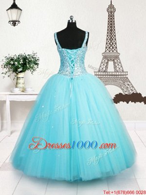 Tulle Straps Sleeveless Lace Up Beading and Sequins Pageant Gowns For Girls in Light Blue