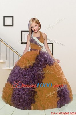 Dazzling Floor Length Purple and Orange Pageant Gowns For Girls Halter Top Sleeveless Lace Up