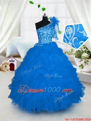 Aqua Blue Ball Gowns Organza One Shoulder Sleeveless Embroidery and Ruffles Floor Length Lace Up Little Girl Pageant Gowns