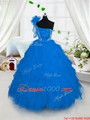 Aqua Blue Ball Gowns Organza One Shoulder Sleeveless Embroidery and Ruffles Floor Length Lace Up Little Girl Pageant Gowns