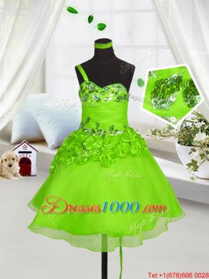 High Quality One Shoulder Knee Length Party Dress for Toddlers Organza Sleeveless Beading and Hand Made Flower