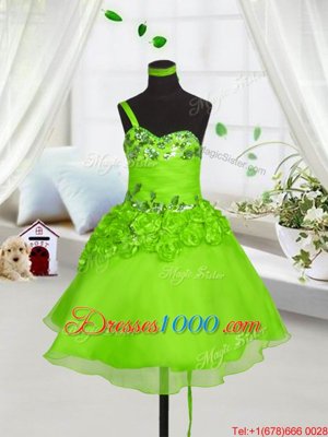 High Quality One Shoulder Knee Length Party Dress for Toddlers Organza Sleeveless Beading and Hand Made Flower