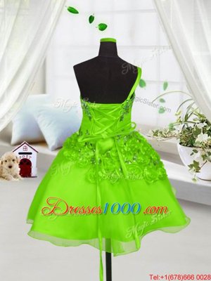 High Quality One Shoulder Knee Length Party Dress for Toddlers Organza Sleeveless Beading and Hand Made Flower