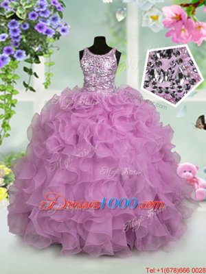 Perfect Scoop Sequins Lilac Sleeveless Organza Zipper Girls Pageant Dresses for Party and Wedding Party