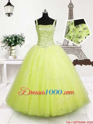Yellow Green Sleeveless Floor Length Beading and Sequins Lace Up Little Girl Pageant Dress