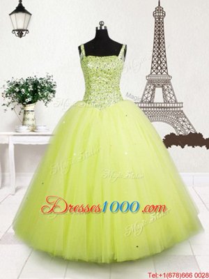 Yellow Green Sleeveless Floor Length Beading and Sequins Lace Up Little Girl Pageant Dress