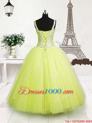 Yellow Green Sleeveless Floor Length Beading and Sequins Lace Up Little Girl Pageant Dress