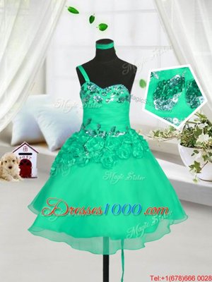 One Shoulder Knee Length Turquoise Womens Party Dresses Organza Sleeveless Beading and Hand Made Flower