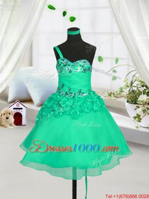 One Shoulder Knee Length Turquoise Womens Party Dresses Organza Sleeveless Beading and Hand Made Flower