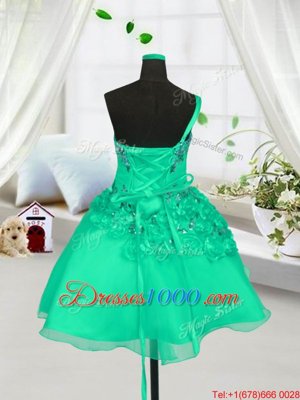 One Shoulder Knee Length Turquoise Womens Party Dresses Organza Sleeveless Beading and Hand Made Flower
