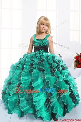 Sleeveless Organza Floor Length Lace Up Little Girls Pageant Dress Wholesale in Teal for with Beading and Ruffles