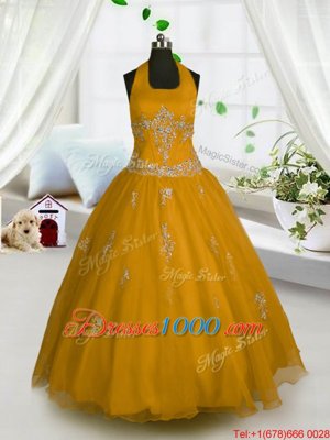 On Sale Orange Tulle Lace Up Halter Top Sleeveless Floor Length Party Dresses Appliques