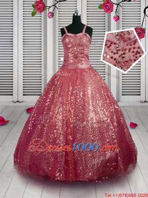 Custom Designed Watermelon Red Sleeveless Floor Length Beading and Sequins Lace Up Little Girl Pageant Dress