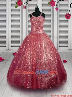 Custom Designed Watermelon Red Sleeveless Floor Length Beading and Sequins Lace Up Little Girl Pageant Dress