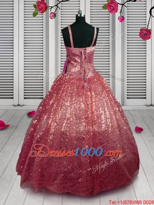 Custom Designed Watermelon Red Sleeveless Floor Length Beading and Sequins Lace Up Little Girl Pageant Dress