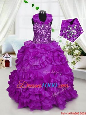 Taffeta Halter Top Sleeveless Zipper Beading Little Girl Pageant Gowns in Purple