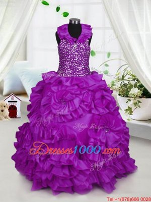 Taffeta Halter Top Sleeveless Zipper Beading Little Girl Pageant Gowns in Purple