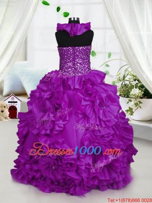 Taffeta Halter Top Sleeveless Zipper Beading Little Girl Pageant Gowns in Purple