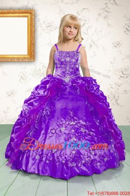 Classical Floor Length Lace Up Little Girl Pageant Dress Purple and In for Party and Wedding Party with Beading and Appliques and Pick Ups
