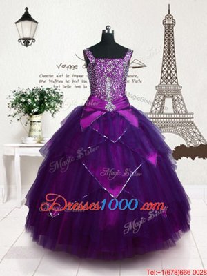 Floor Length Purple Kids Pageant Dress Straps Sleeveless Lace Up