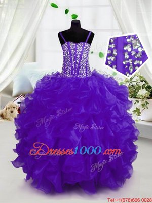 High Class Purple Ball Gowns Spaghetti Straps Sleeveless Organza Floor Length Lace Up Beading and Ruffles Pageant Gowns For Girls