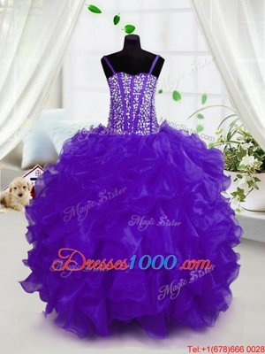 High Class Purple Ball Gowns Spaghetti Straps Sleeveless Organza Floor Length Lace Up Beading and Ruffles Pageant Gowns For Girls