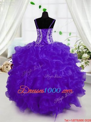 High Class Purple Ball Gowns Spaghetti Straps Sleeveless Organza Floor Length Lace Up Beading and Ruffles Pageant Gowns For Girls