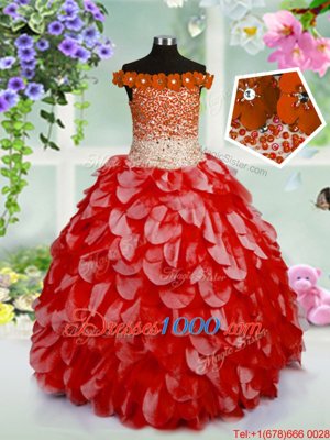 Off the Shoulder Red Organza Lace Up Little Girl Pageant Gowns Sleeveless High Low Beading and Hand Made Flower