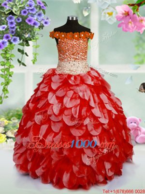Off the Shoulder Red Organza Lace Up Little Girl Pageant Gowns Sleeveless High Low Beading and Hand Made Flower