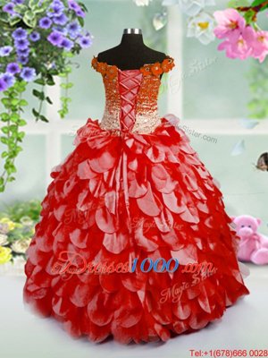 Off the Shoulder Red Organza Lace Up Little Girl Pageant Gowns Sleeveless High Low Beading and Hand Made Flower
