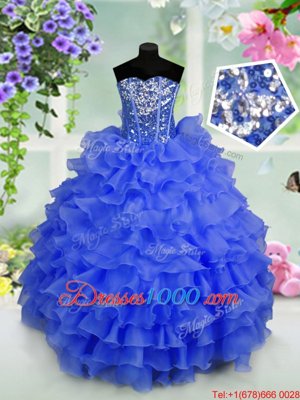 Sequins Ruffled Floor Length Ball Gowns Sleeveless Royal Blue Teens Party Dress Lace Up