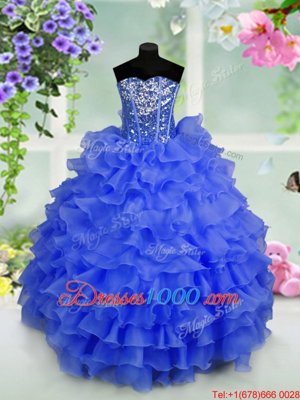 Sequins Ruffled Floor Length Ball Gowns Sleeveless Royal Blue Teens Party Dress Lace Up